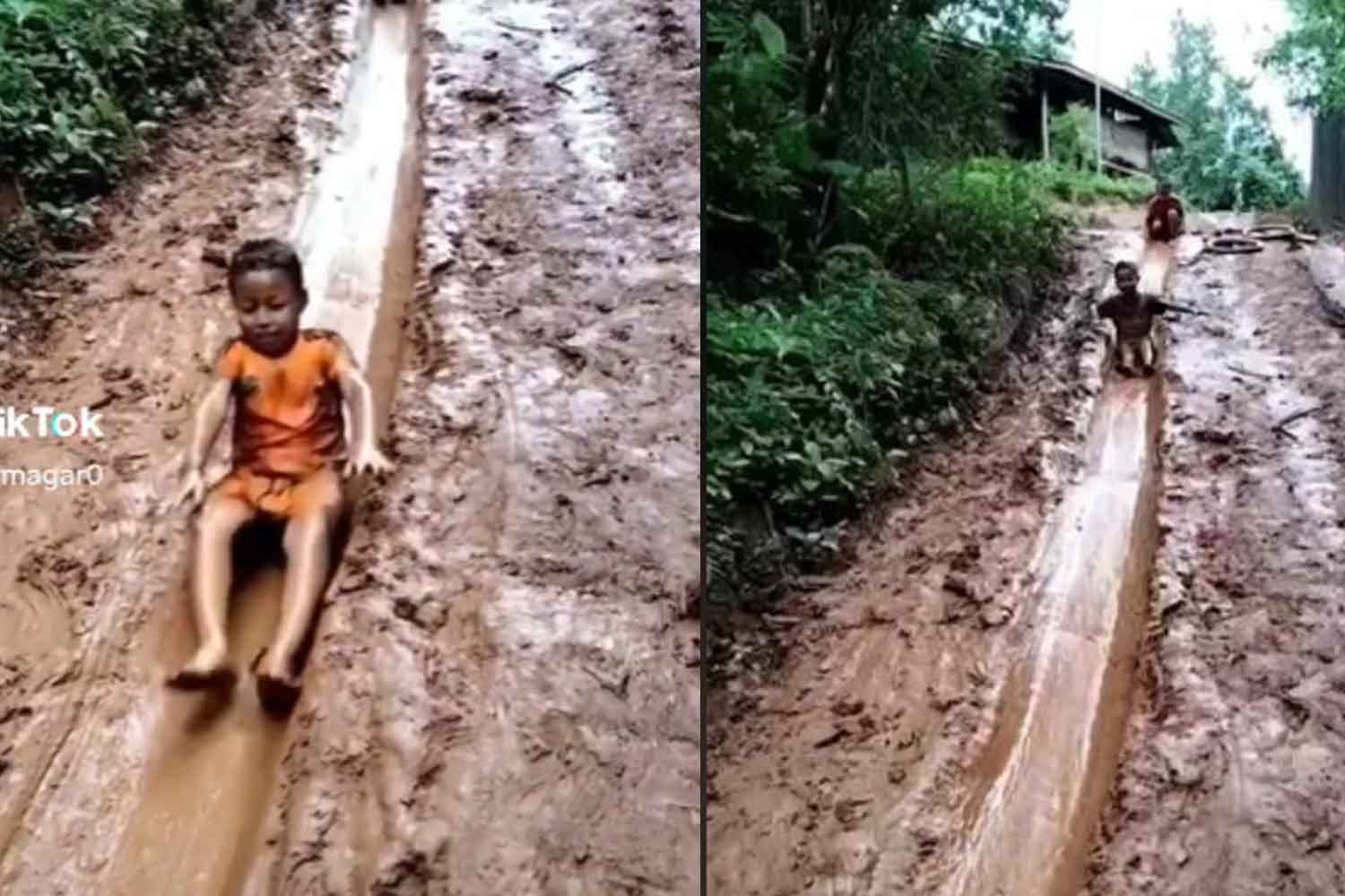 Tular aksi budak main gelongsor tanah lumpur, geng kampung zaman dulu mesti teringat